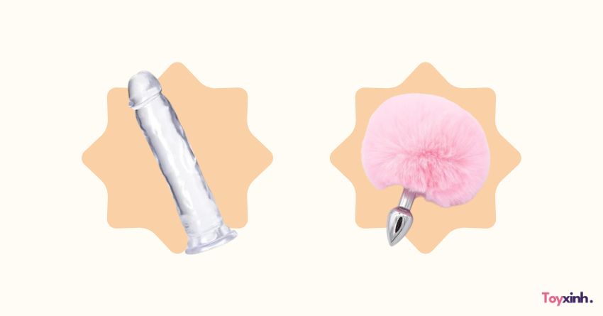 Combo sextoy: Dildo trong suốt gắn tường + buttplug đuôi thỏ